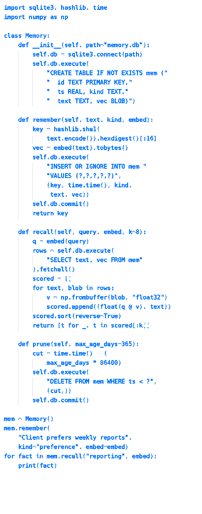 Python-code met de definitie van de klasse Memory en methoden om tekstembeddings op te slaan, op te halen en op te schonen met SQLite.
