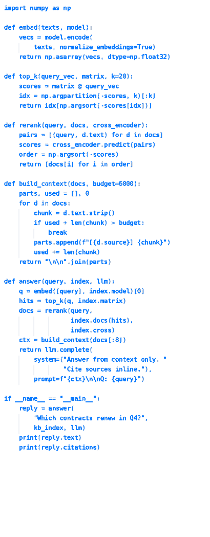 Python-code met functiedefinities voor tekstembeddings, herrangschikking, contextopbouw en het bevragen van een taalmodel.
