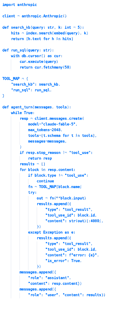 Python-code met definities van tools en een lus waarmee een agent met een client communiceert via een Claude-model en een tooloverzicht.